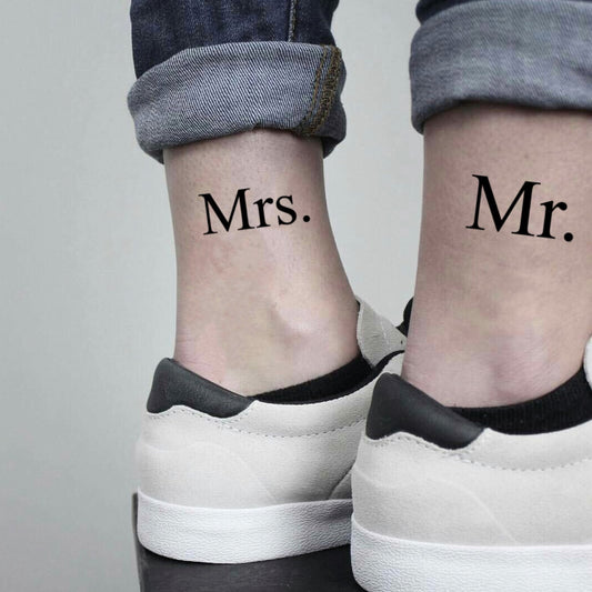 fake small mr & mrs m&m cute couple husband and wife ehe him his her monsieur valentines day lettering temporary tattoo sticker design idea on ankle
