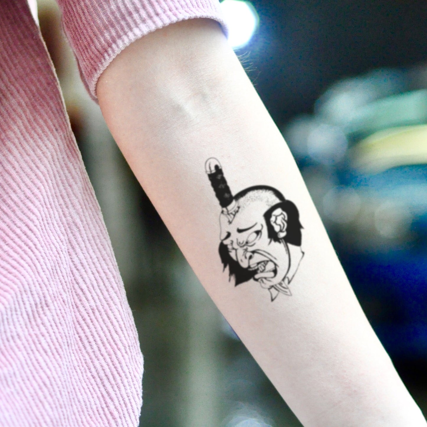 fake small namakubi traditional japanese samurai illustrative temporary tattoo sticker design idea on inner arm