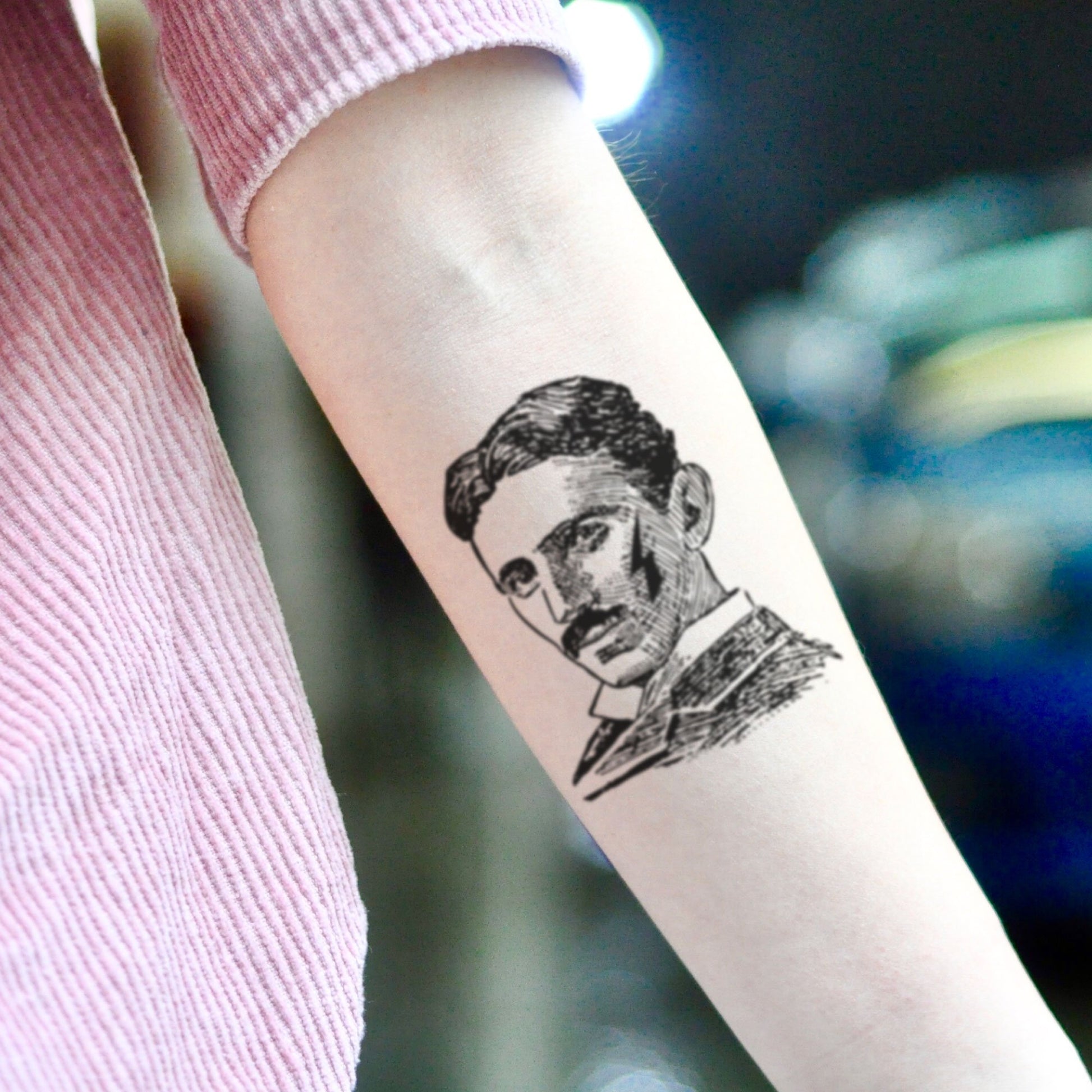 fake small nikola tesla portrait temporary tattoo sticker design idea on inner arm