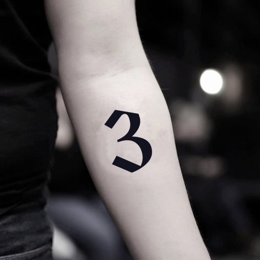 fake small number 3 numeral lettering temporary tattoo sticker design idea on inner arm