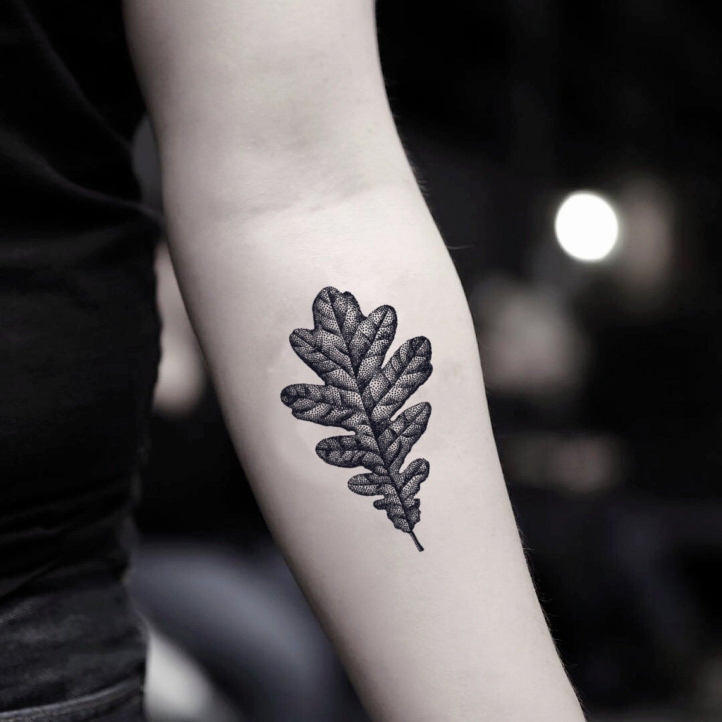 fake small oak leaf nature temporary tattoo sticker design idea on inner arm