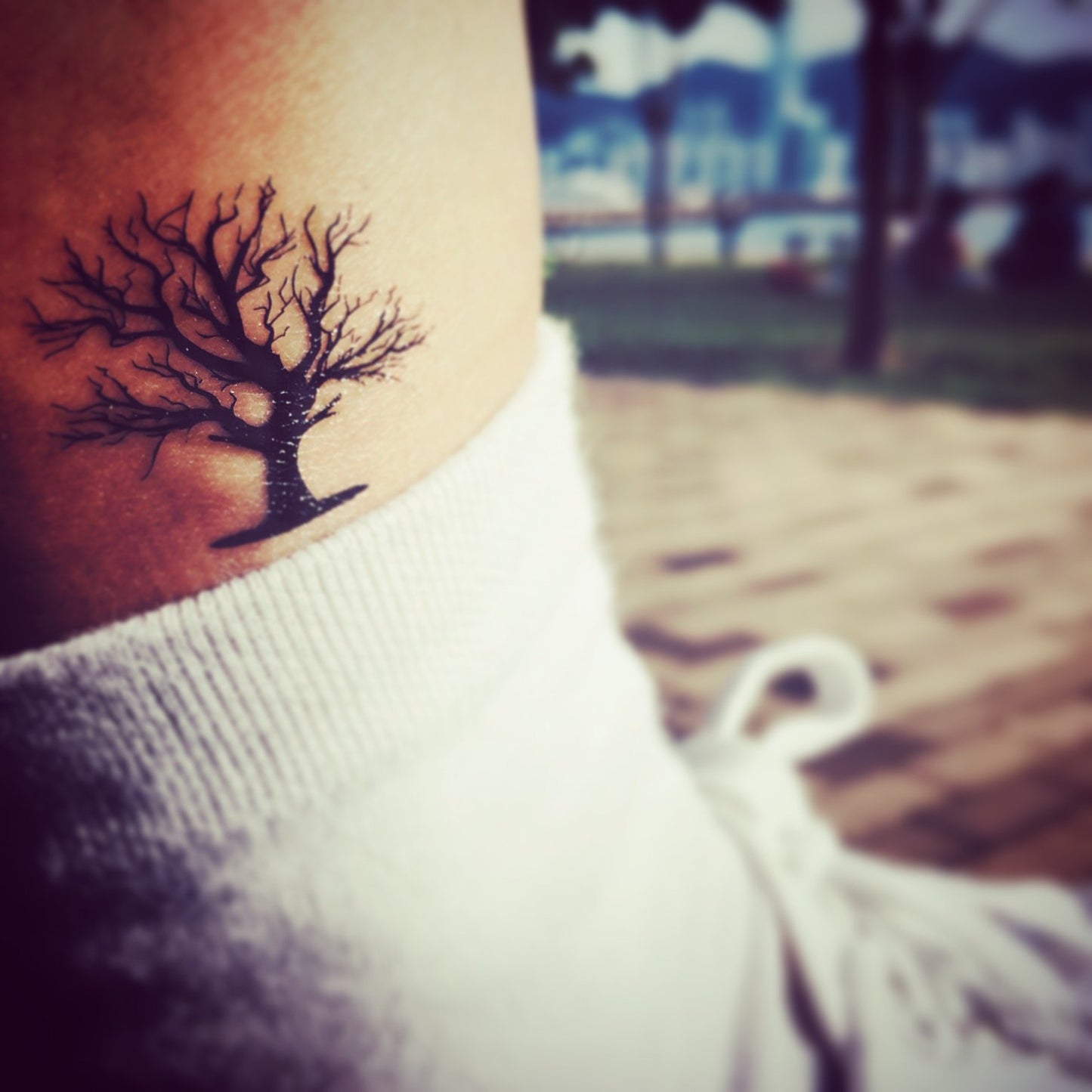 fake small oak elm hazel tree nature temporary tattoo sticker design idea on ankle