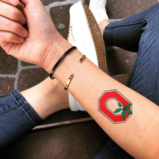 fake small ohio state buckeye color temporary tattoo sticker design idea on forearm