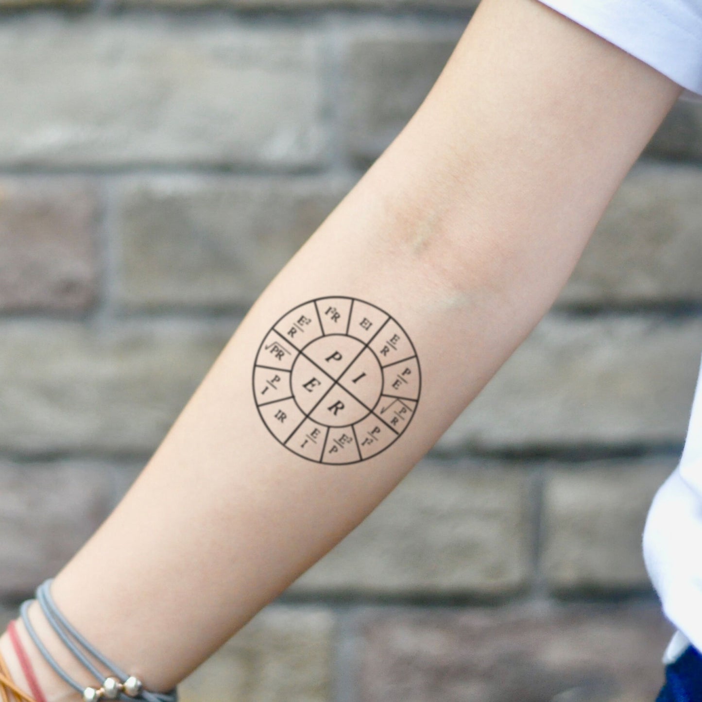 fake small ohm's law wheel geometric temporary tattoo sticker design idea on inner arm