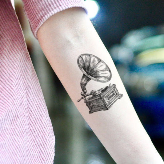 fake small old gramophone phonograph vinyl music record player vintage temporary tattoo sticker design idea on inner arm