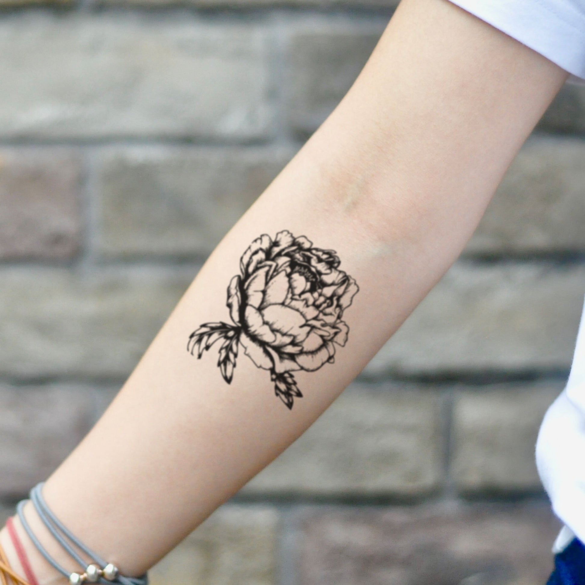 fake small peony peonie flower temporary tattoo sticker design idea on inner arm