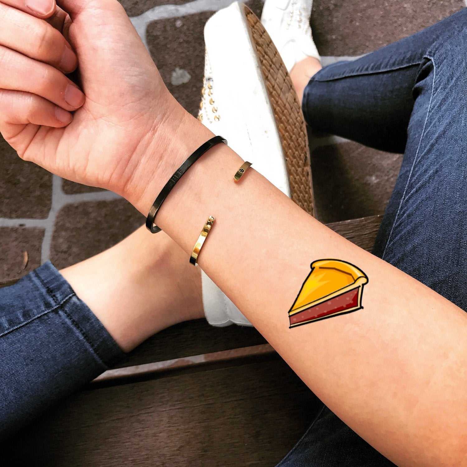 fake small pie food color temporary tattoo sticker design idea on forearm