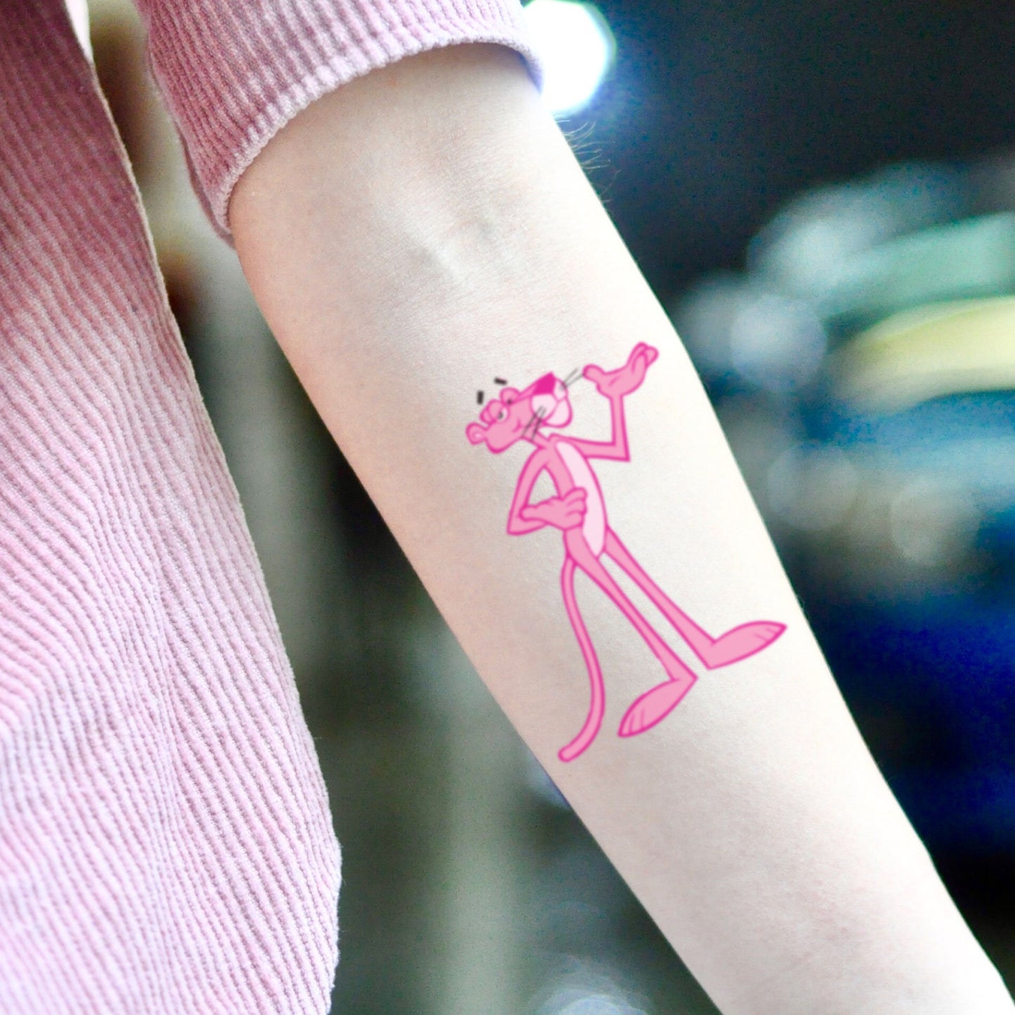 fake small pink panther cartoon temporary tattoo sticker design idea on inner arm