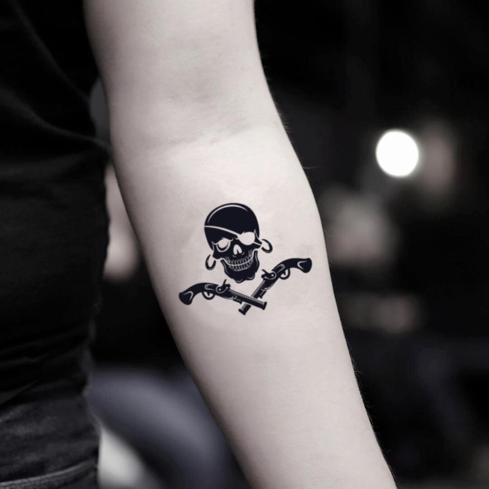 fake small jolly roger pirate flag cavalry illustrative temporary tattoo sticker design idea on inner arm