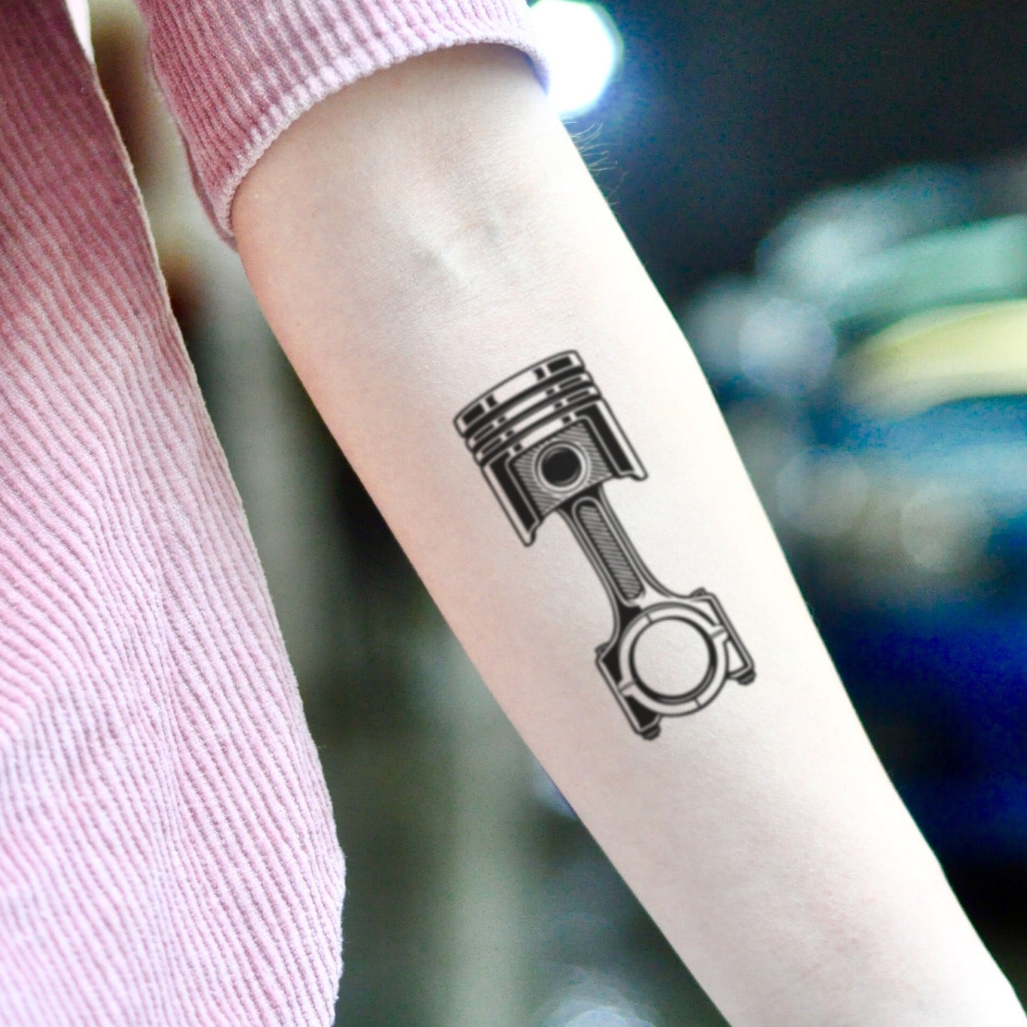 fake small piston engine plug plumbing pop punk illustrative temporary tattoo sticker design idea on inner arm