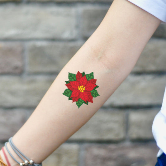 fake small poinsettia scarlet begonias red flower temporary tattoo sticker design idea on inner arm