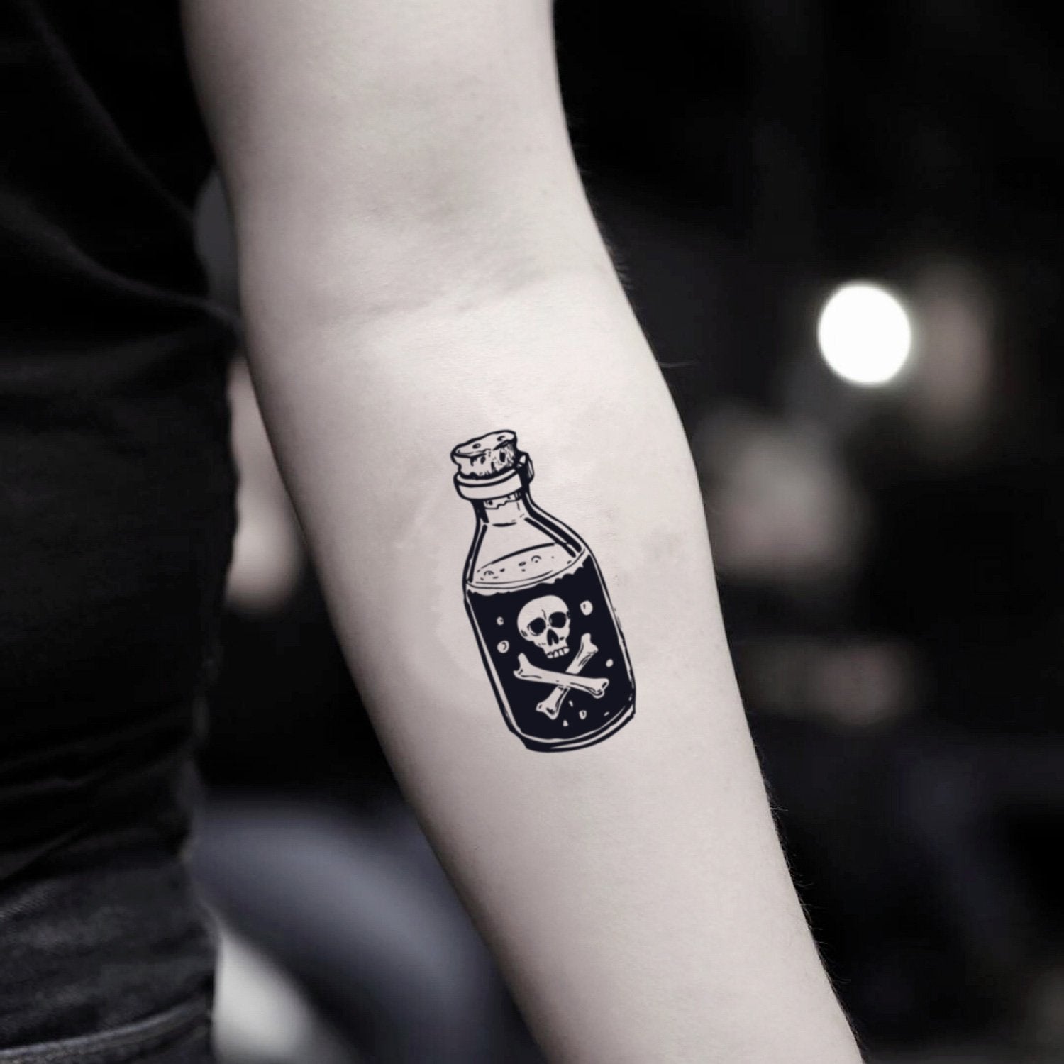 fake small poison bottle potion drink me clubbing club party vintage temporary tattoo sticker design idea on inner arm