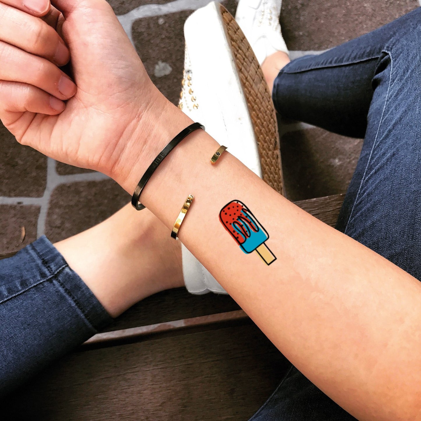 fake small popsicle food temporary tattoo sticker design idea on wrist