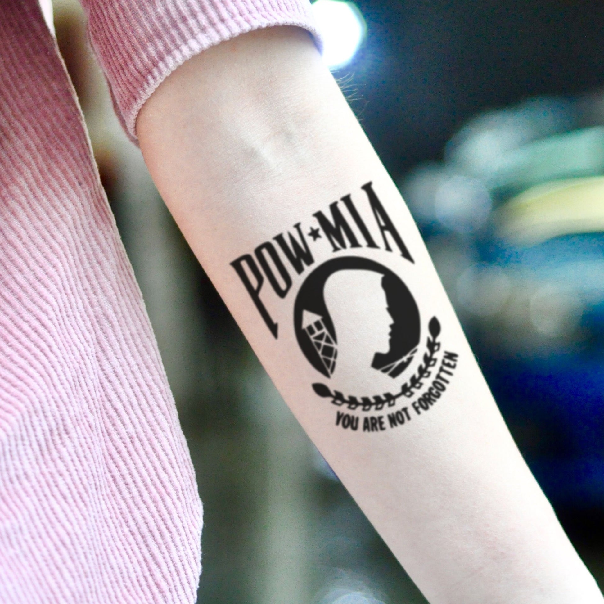 fake small pow mia flag illustrative temporary tattoo sticker design idea on inner arm