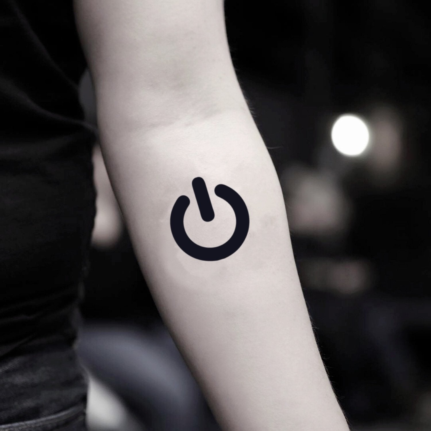 fake small power supply button minimalist temporary tattoo sticker design idea on inner arm