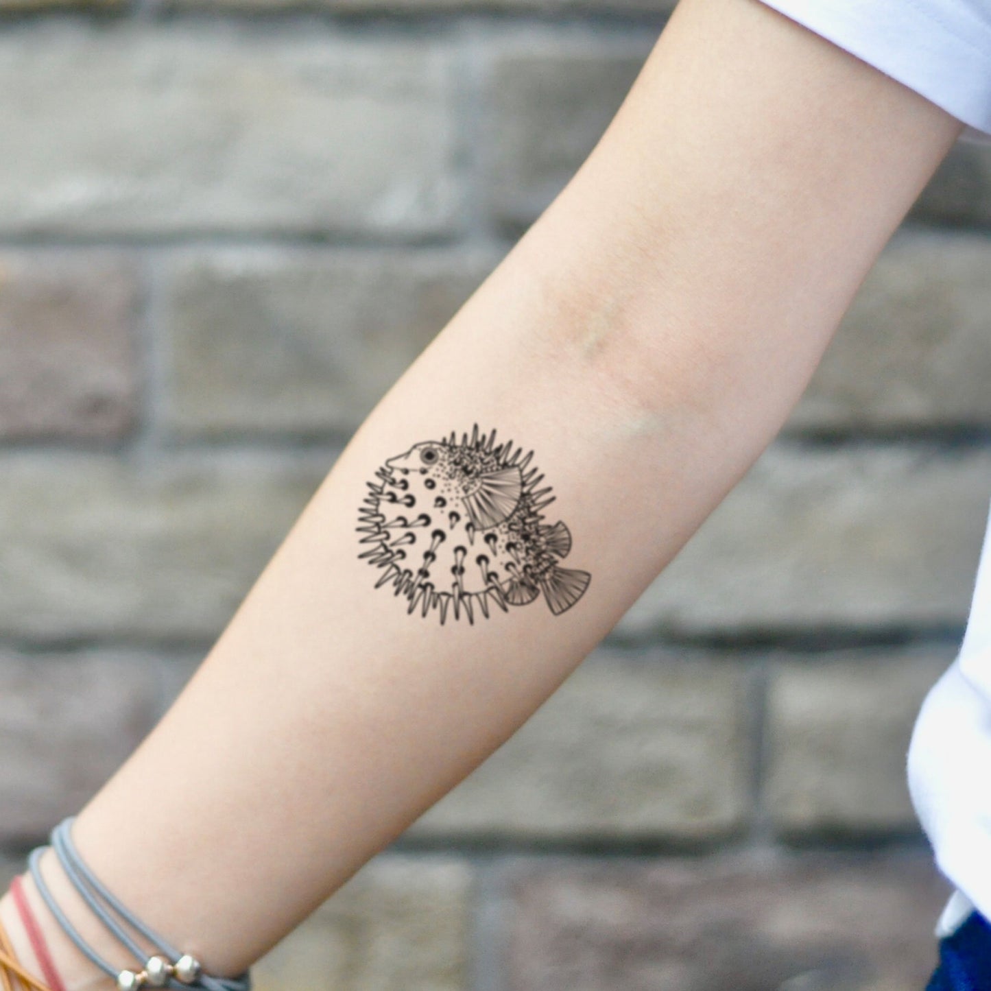 fake small puffer fish pufferfish animal temporary tattoo sticker design idea on inner arm