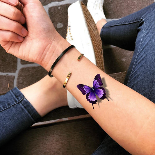 fake small purple pink butterfly metamorphosis watercolor color animal temporary tattoo sticker design idea on wrist