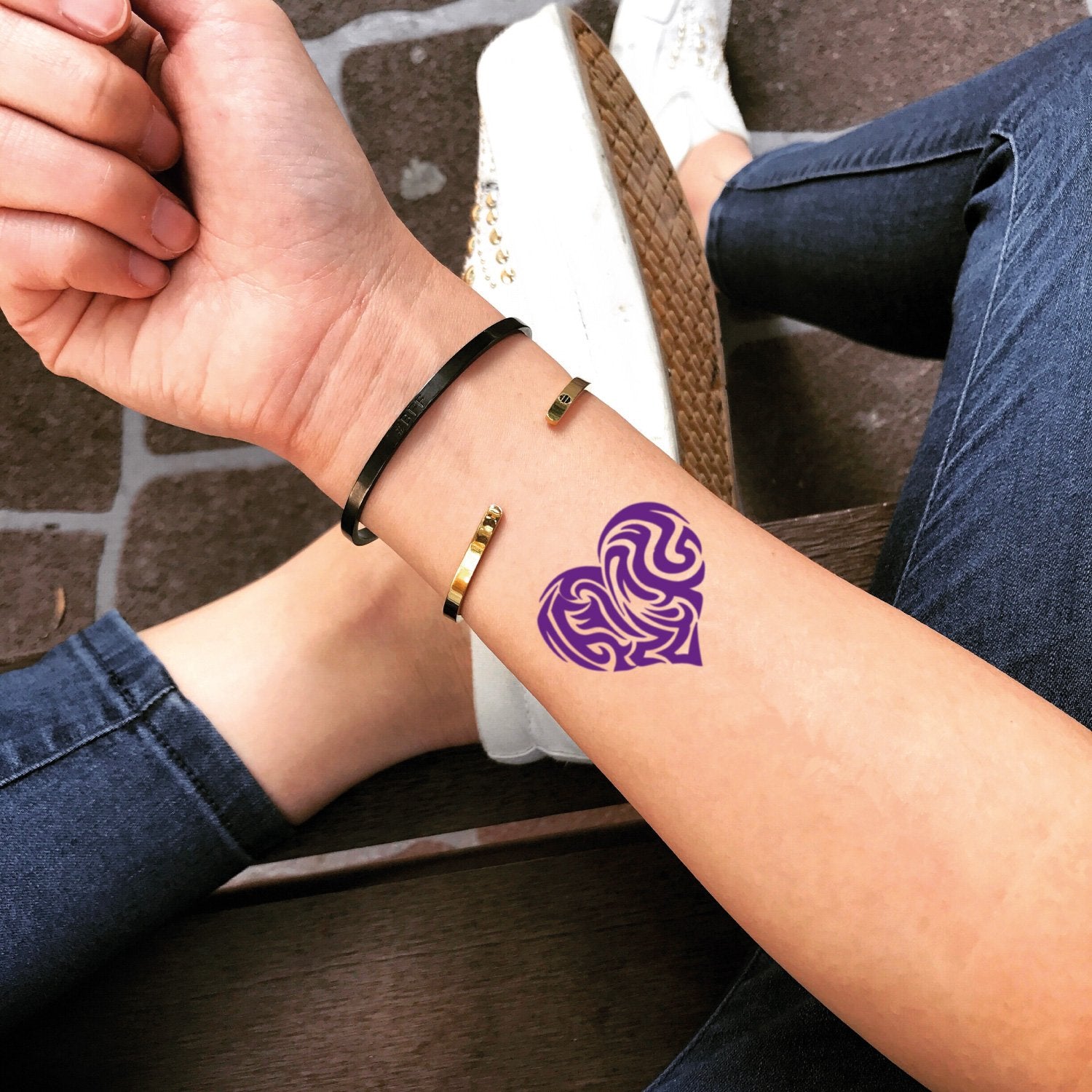 fake small purple heart color temporary tattoo sticker design idea on wrist