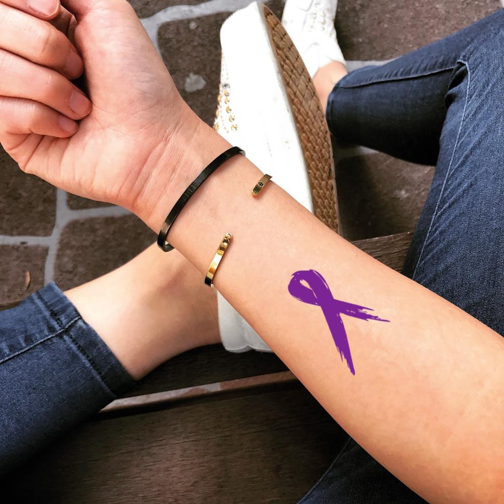 fake small purple ribbon lupus fibromyalgia dementia crohn's disease domestic violence color temporary tattoo sticker design idea on forearm