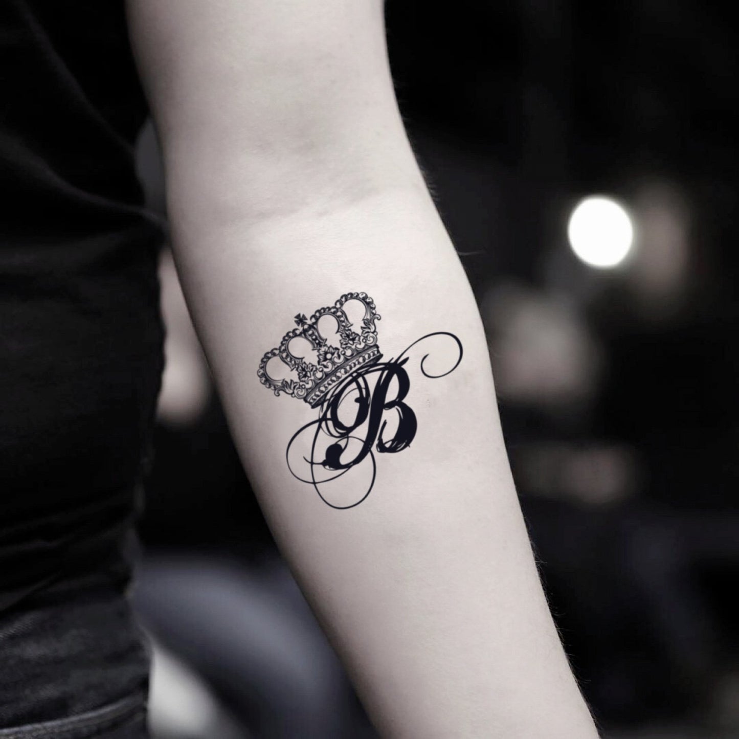 fake small queen b lettering temporary tattoo sticker design idea on inner arm