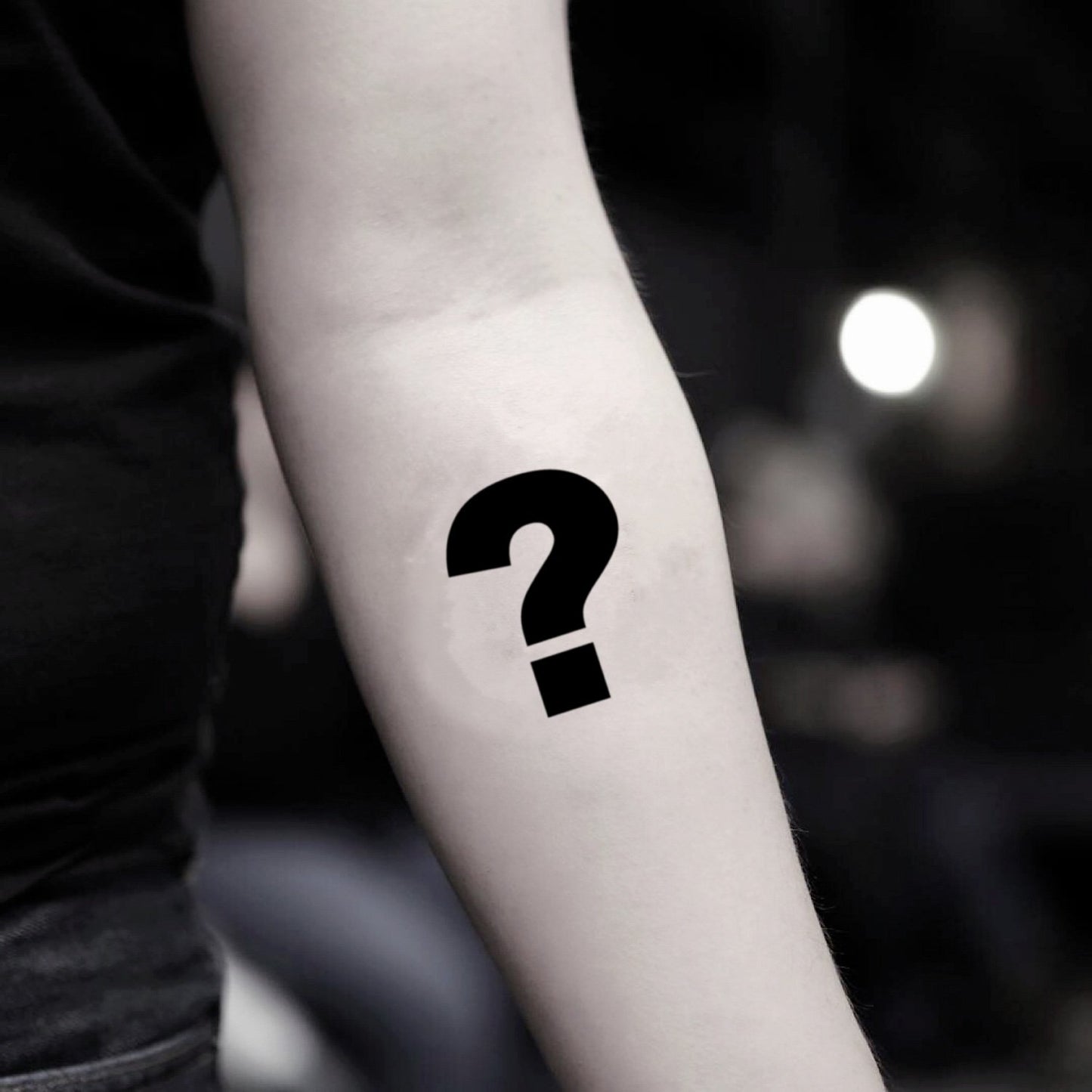 fake small question mark minimalist temporary tattoo sticker design idea on inner arm