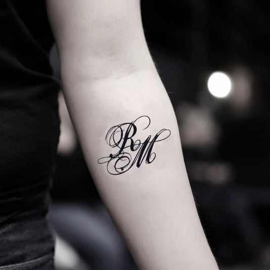 fake small rm lettering temporary tattoo sticker design idea on inner arm