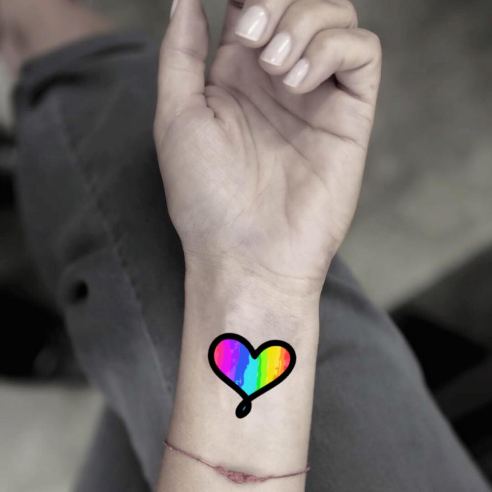 fake small rainbow heart color lesbian pride couple temporary tattoo sticker design idea on wrist