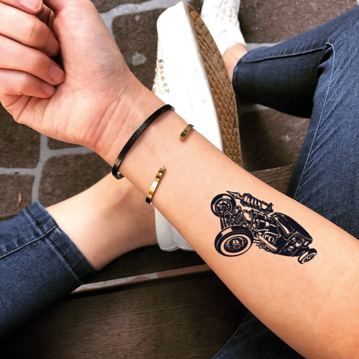 fake small hot rat rod illustrative temporary tattoo sticker design idea on forearm