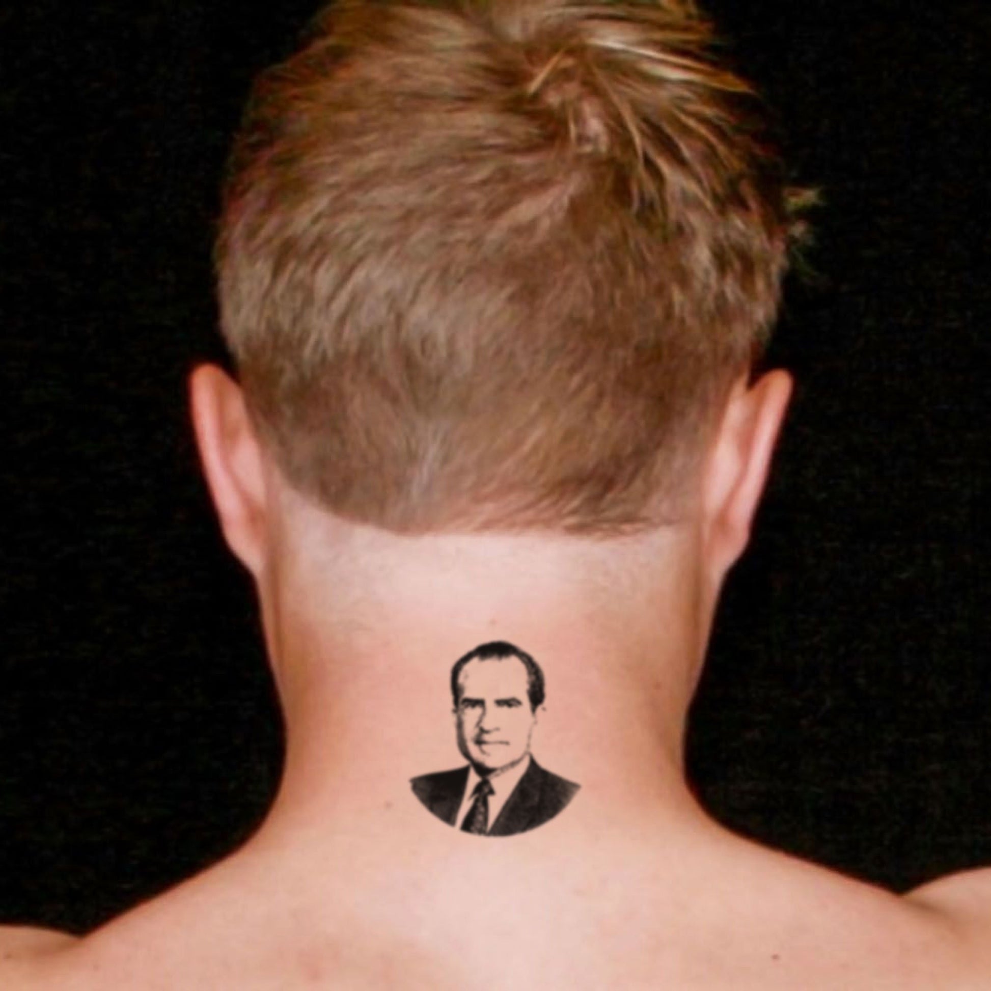 fake small richard nixon roger stone portrait temporary tattoo sticker design idea on neck