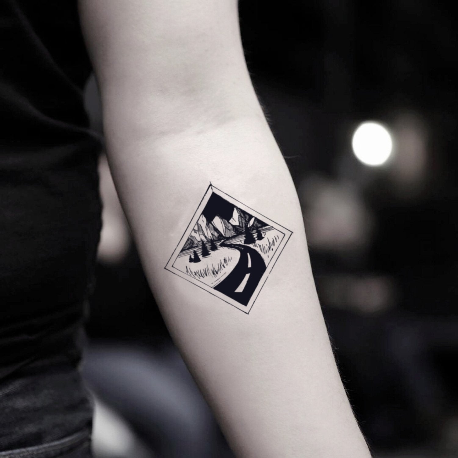 fake small road trip into the wild vineyard landscape illustrative temporary tattoo sticker design idea on inner arm