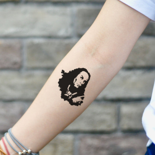 fake small ronnie james dio Portrait temporary tattoo sticker design idea on inner arm