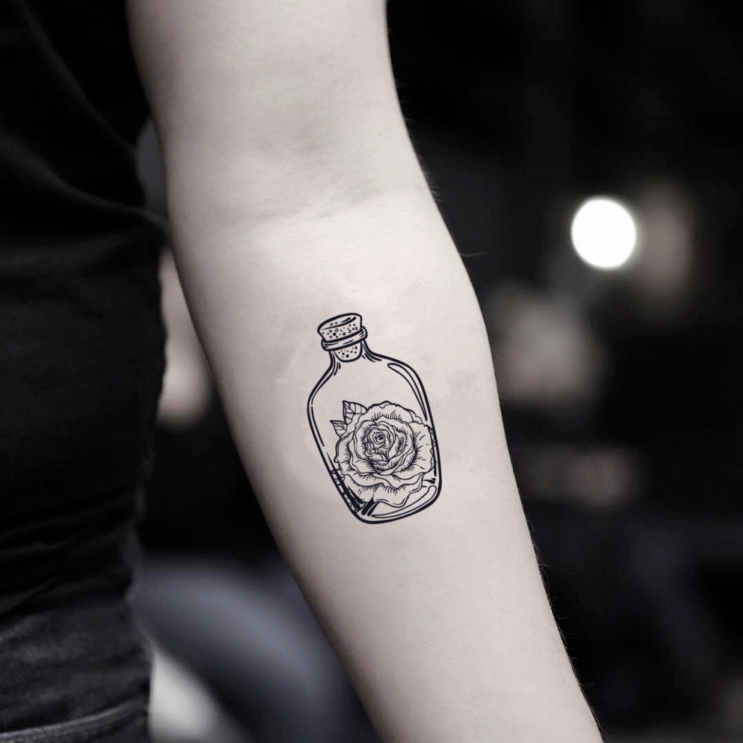 fake small rose bottle flower temporary tattoo sticker design idea on inner arm
