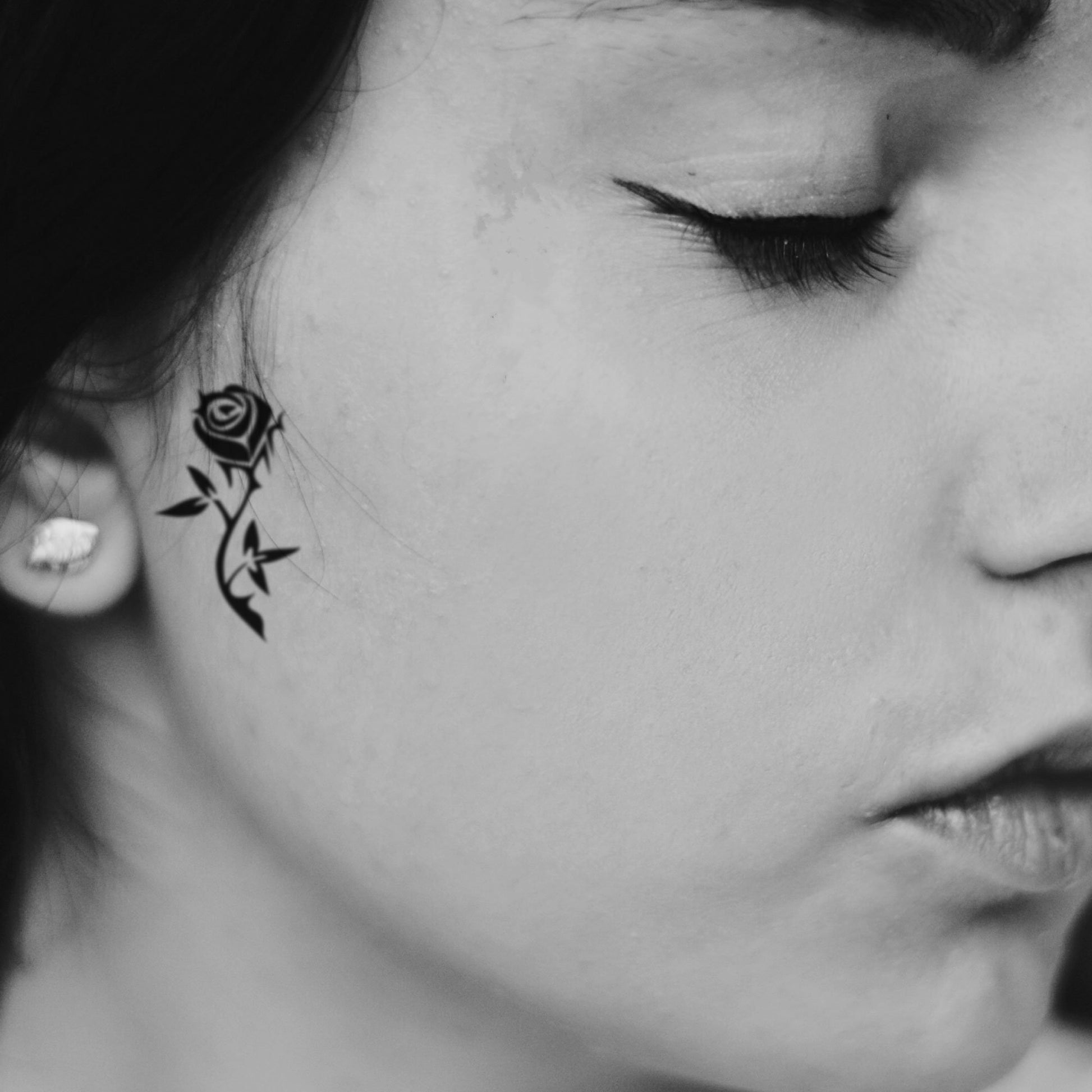 fake small tragus sideburn rose ear from concrete flower temporary tattoo sticker design idea on face head