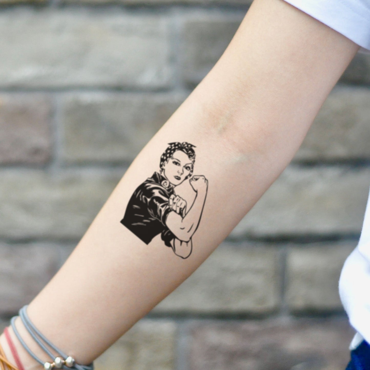 fake small rosie the riveter traditional pin up vintage temporary tattoo sticker design idea on inner arm