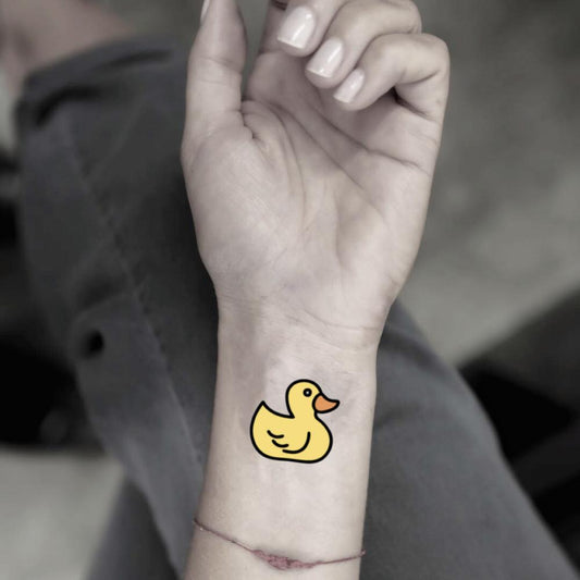 fake small rubber duck color animal temporary tattoo sticker design idea on wrist