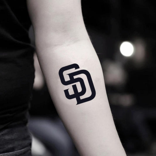 fake small san diego lettering temporary tattoo sticker design idea on inner arm