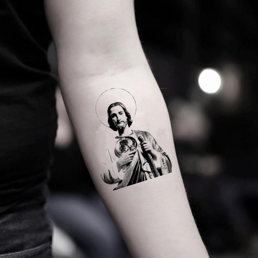 fake small san judas tadeo jesus saint jude st joseph statue illustrative temporary tattoo sticker design idea on inner arm