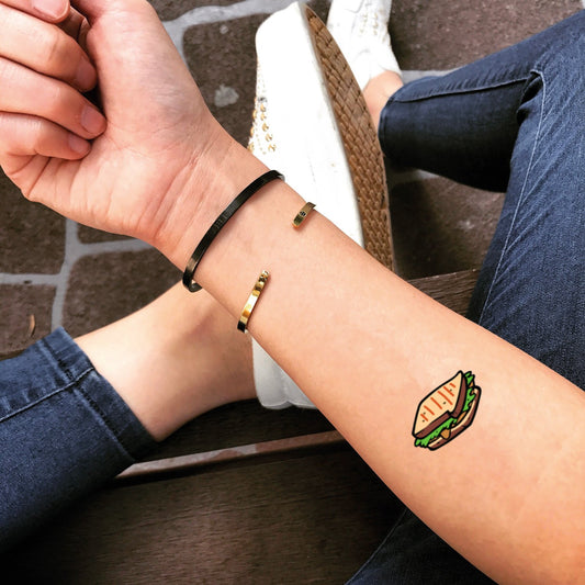 fake small sandwich fast food temporary tattoo sticker design idea on forearm