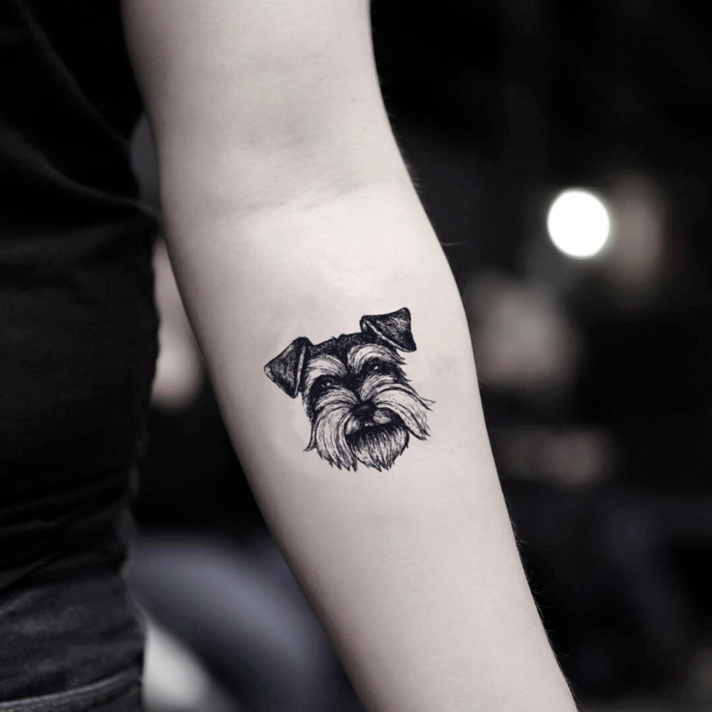 fake small schnauzer yorkshire terrier dog animal temporary tattoo sticker design idea on inner arm