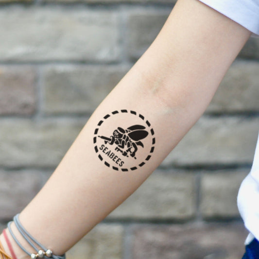 fake small seabee navy illustrative temporary tattoo sticker design idea on inner arm