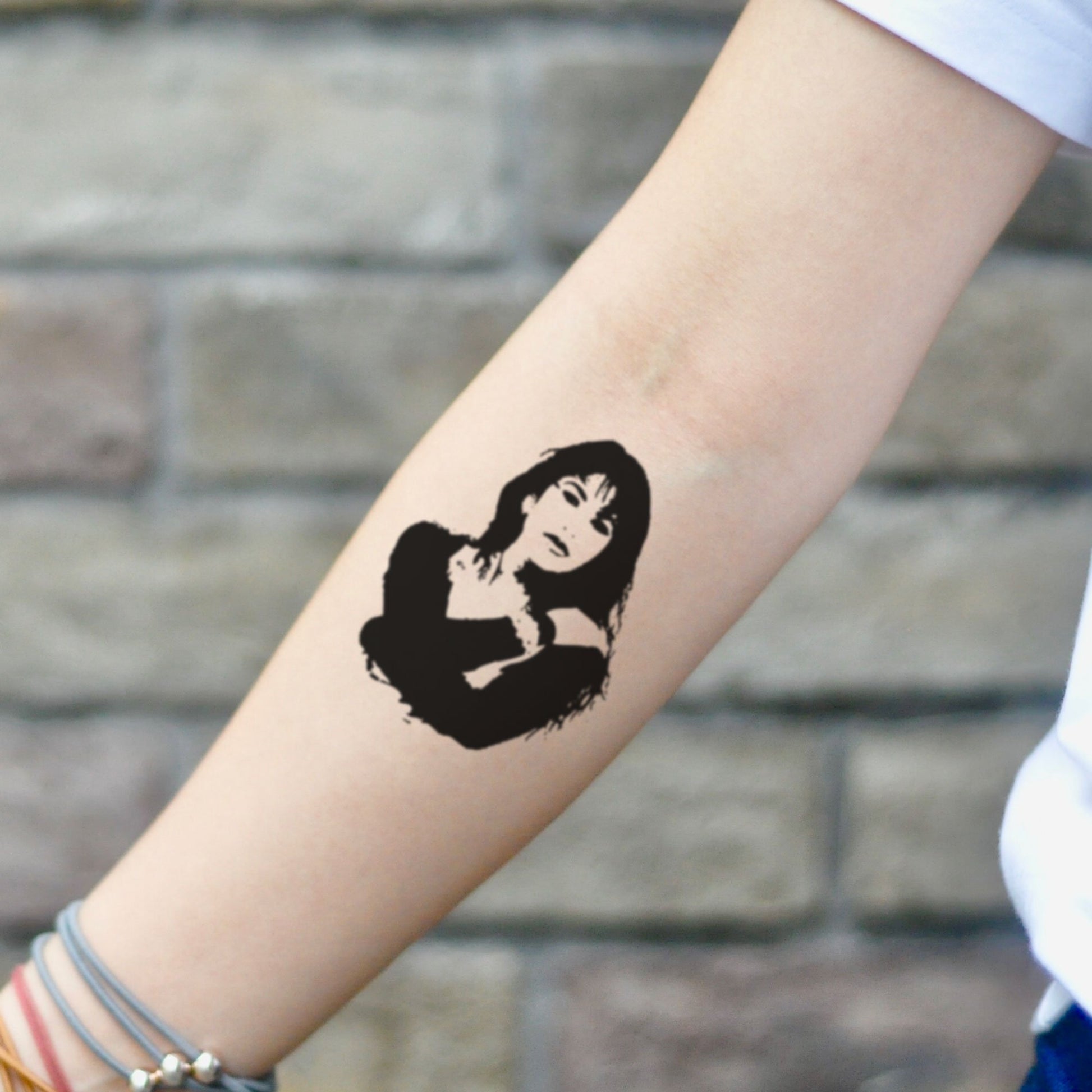 fake small selena quintanilla portrait temporary tattoo sticker design idea on inner arm