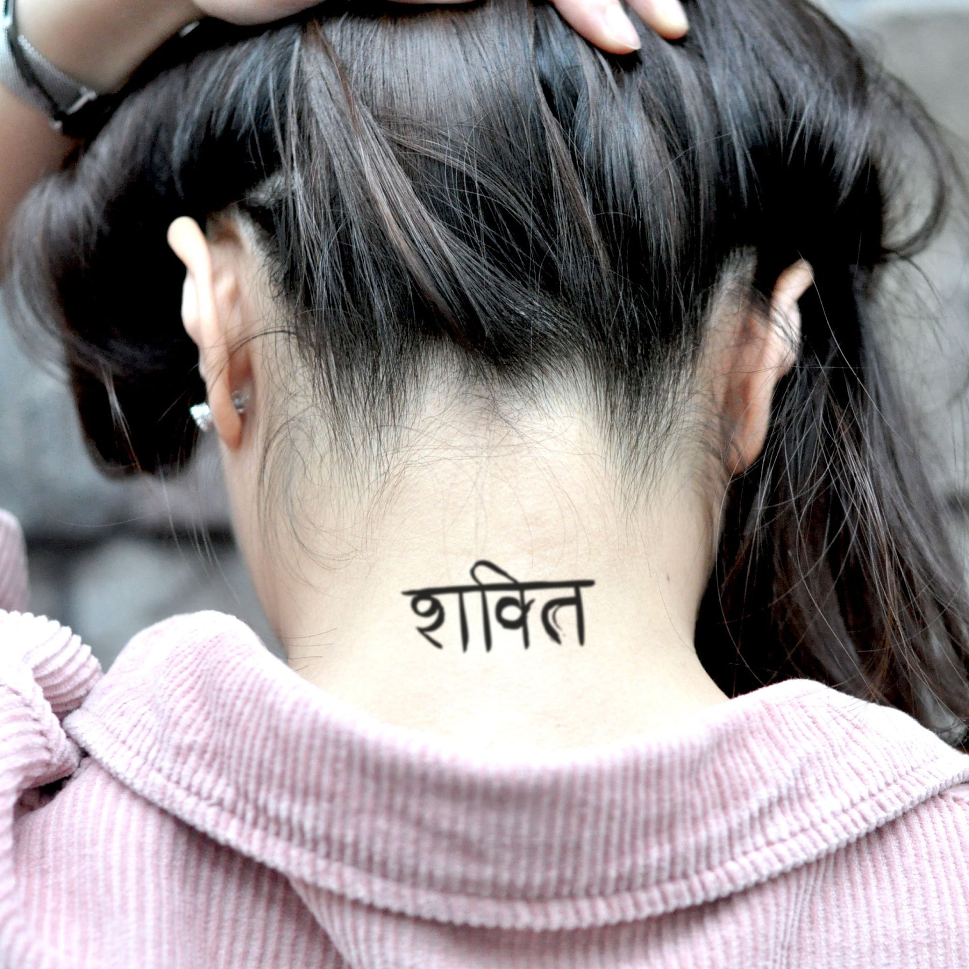 fake small shakti sanskrit hindu side lettering temporary tattoo sticker design idea on neck
