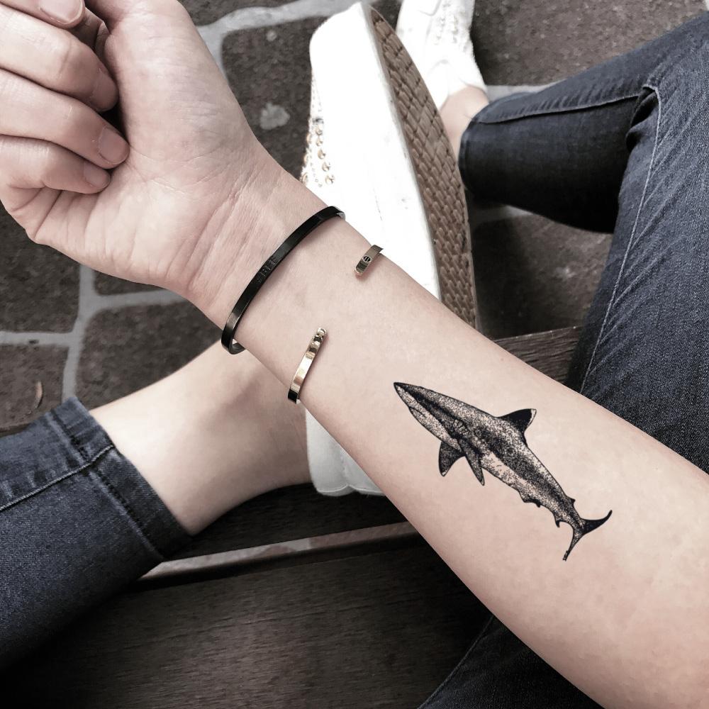 fake small great white mako tiger shark animal temporary tattoo sticker design idea on forearm