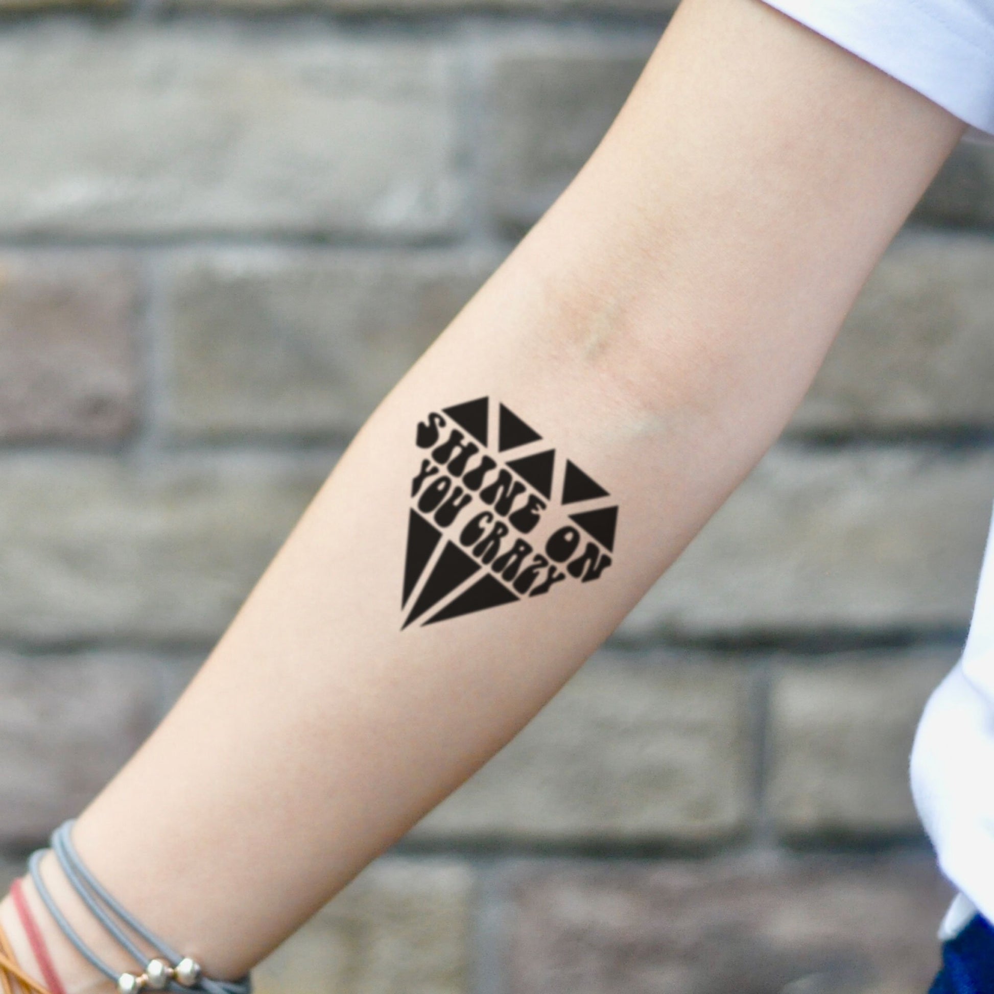 fake small shine on you crazy diamond geometric temporary tattoo sticker design idea on inner arm