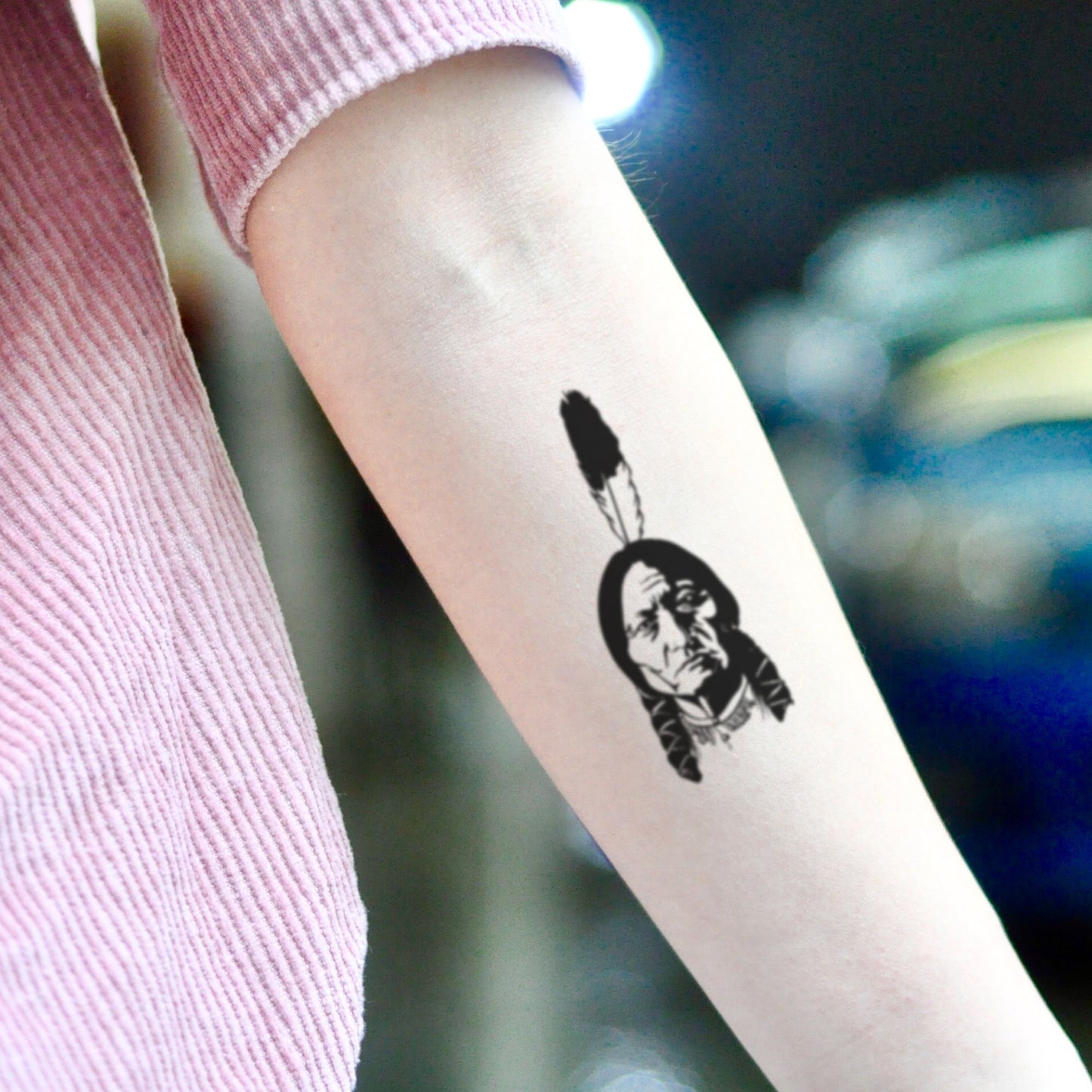 fake small sitting bull portrait temporary tattoo sticker design idea on inner arm