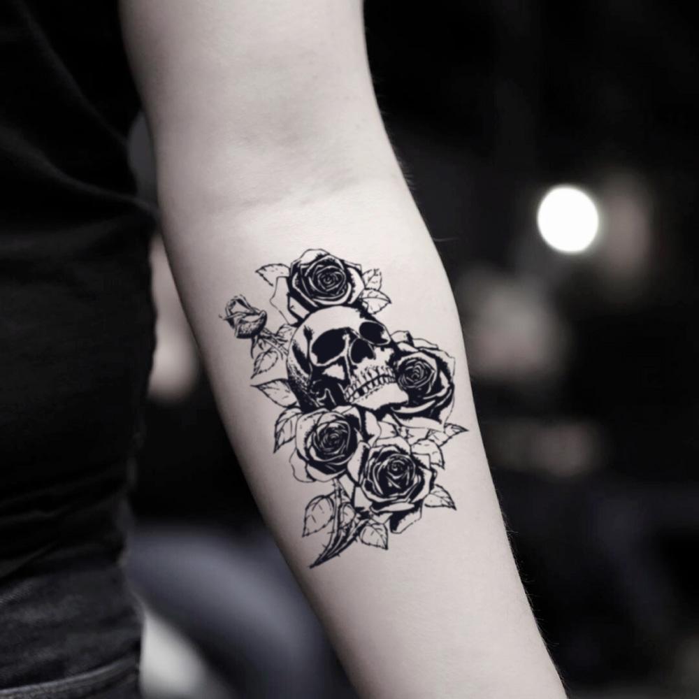 fake small skull and rose flower temporary tattoo sticker design idea on inner arm