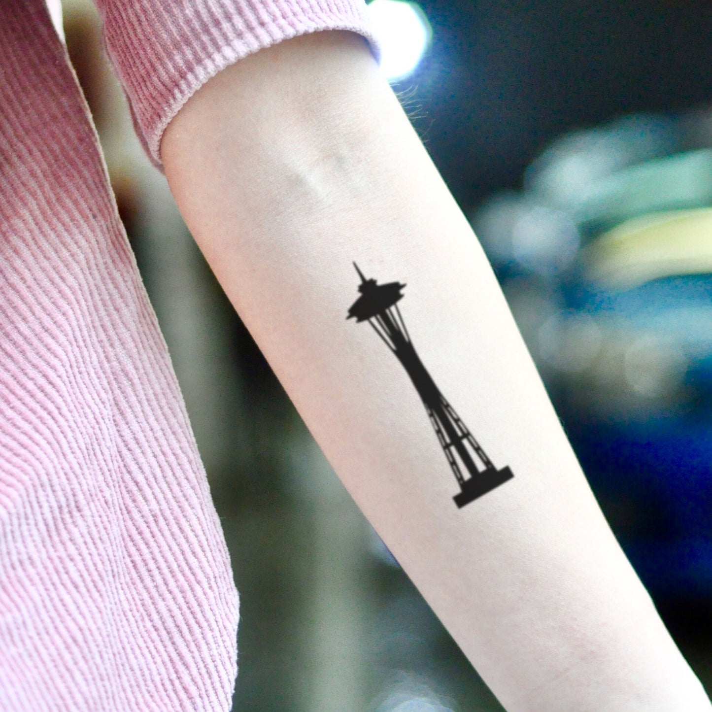 fake small space needle simple seattle tower skyline minimalist temporary tattoo sticker design idea on forearm