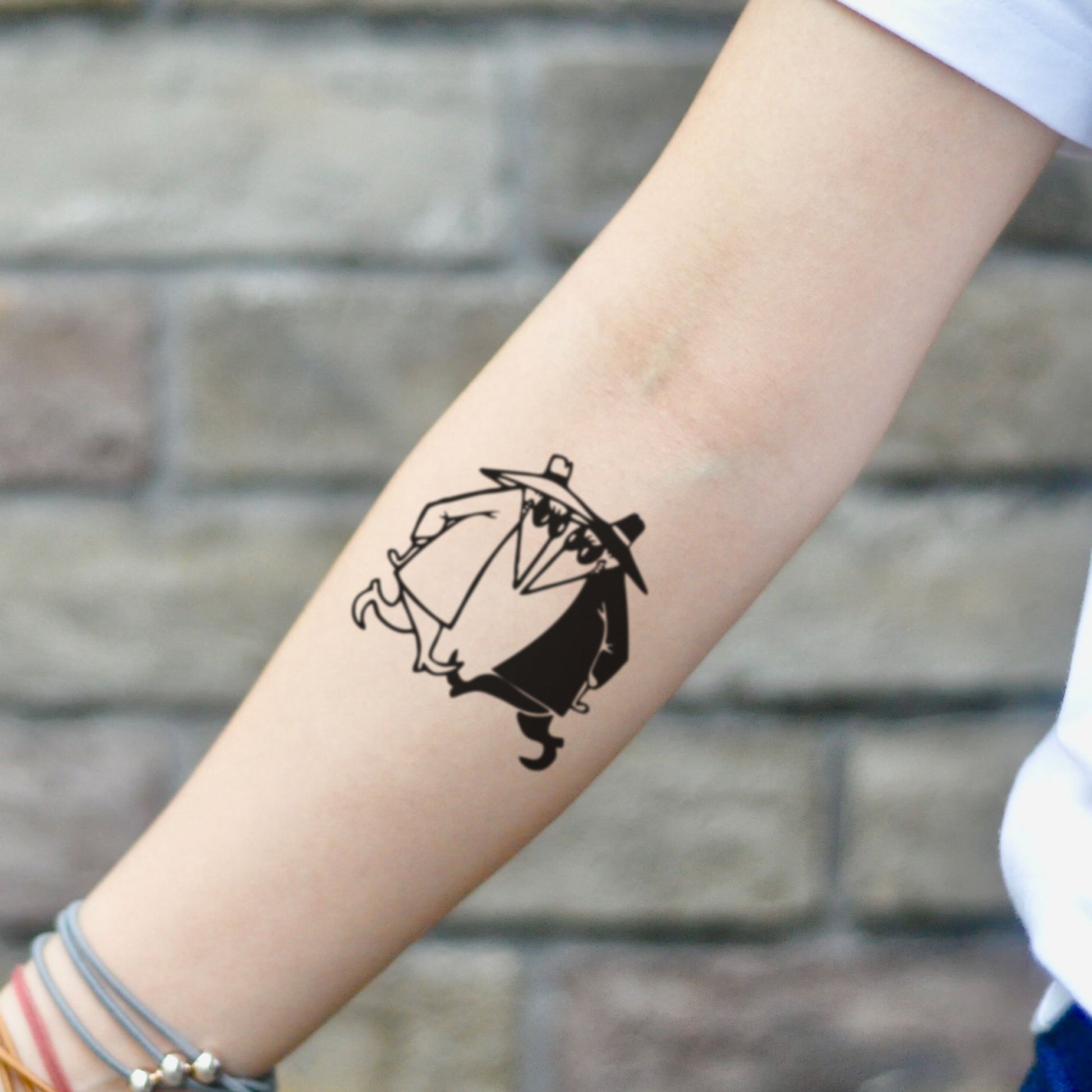 fake small spy vs spy illustrative temporary tattoo sticker design idea on inner arm