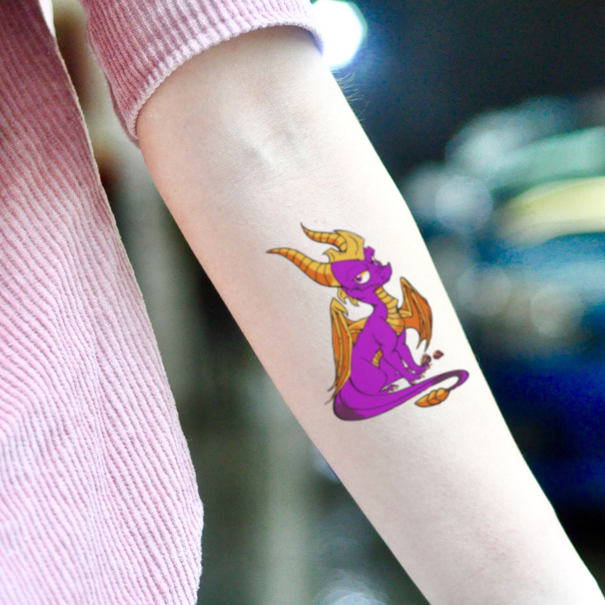 fake small spyro the dragon crystal dragon minimalist temporary tattoo sticker design idea on inner arm