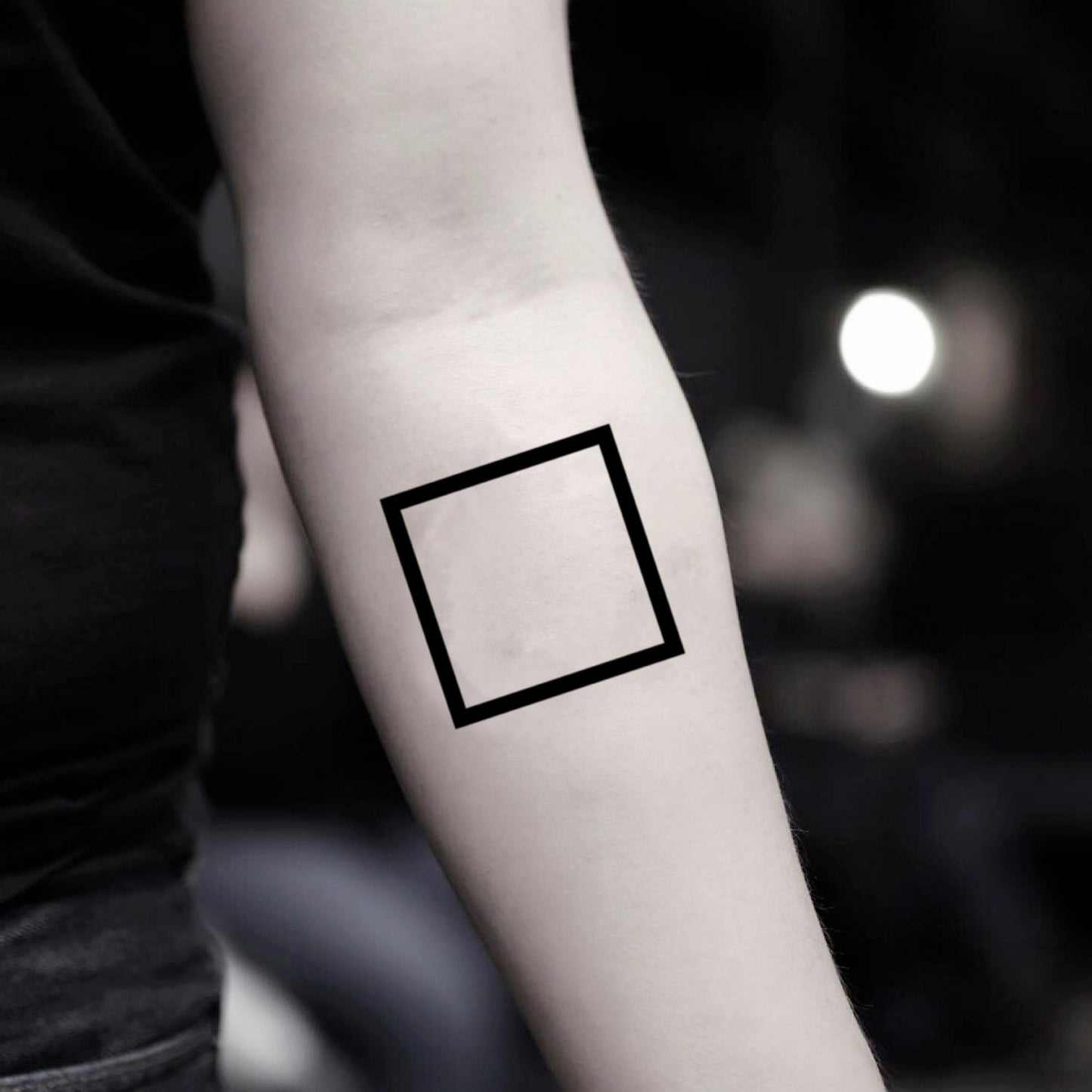 fake small black square geometric temporary tattoo sticker design idea on inner arm